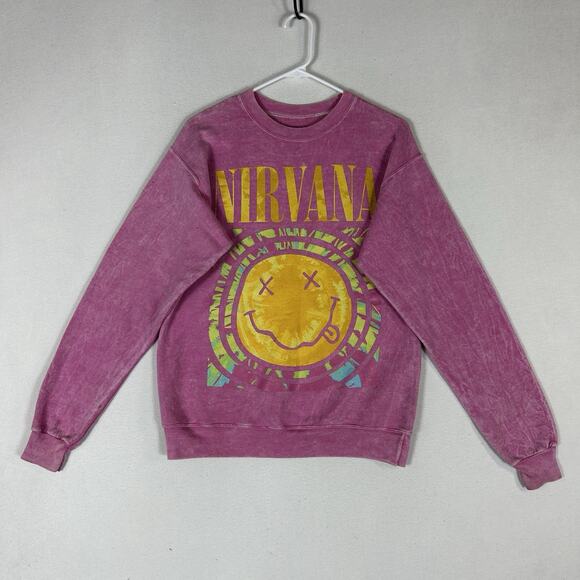 Nirvana Graphic Smiley Sweatshirt Women's Small Pink Crew Pullover Long Sleeve - Picture 1 of 11